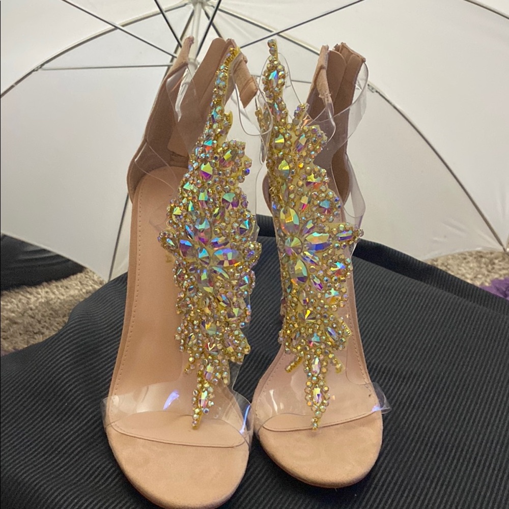 Gold and Tan Stiletto Heels with Crystal Embellishments